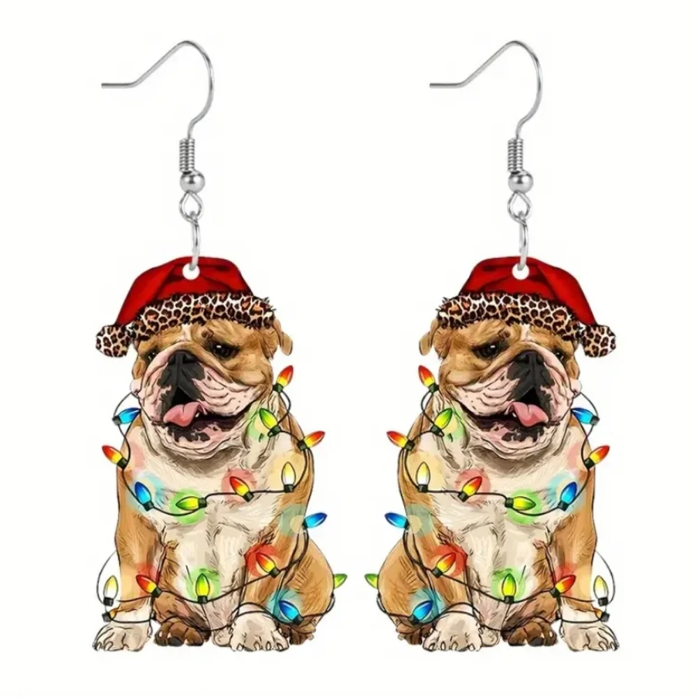 Bulldog Holiday Acrylic Dangle Christmas Earrings. NWOT